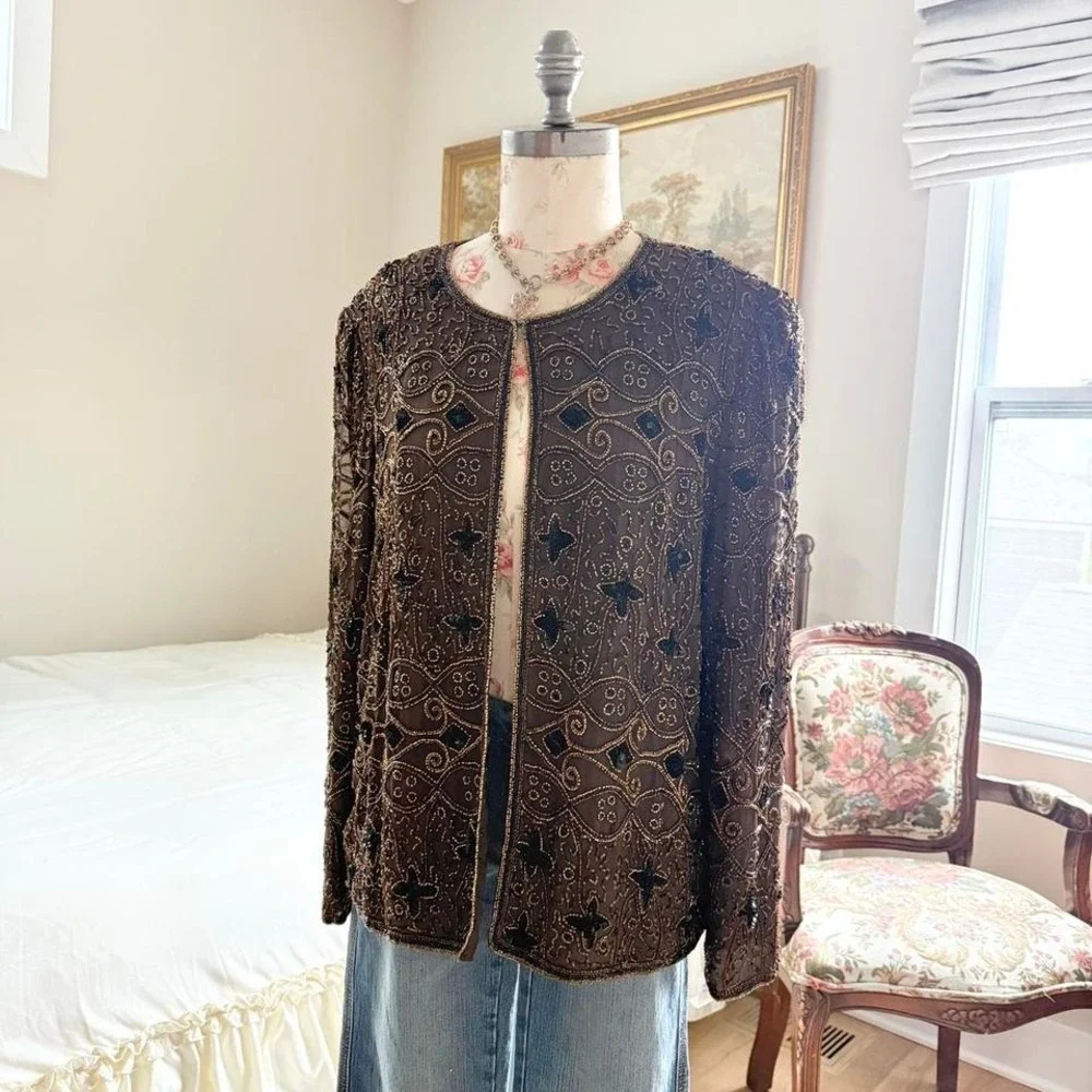 Jkara black fully beaded jacket‎ size xl